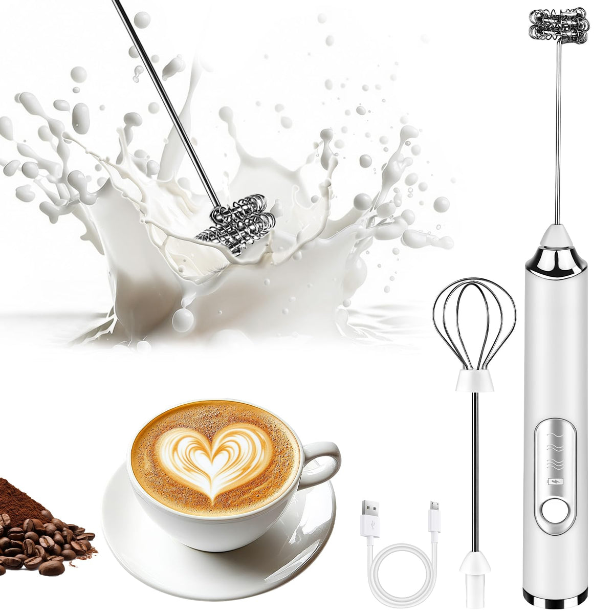 Milk Frother Handheld, Rechargeable Coffee Frother Wand, Drink Mixer, White