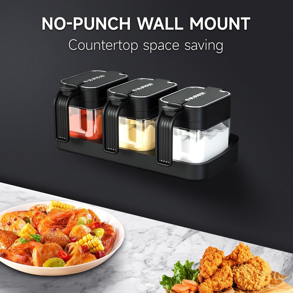 3 Pack Condiment Jars, Wall Mounted Seasoning Containers with Spoons, Black