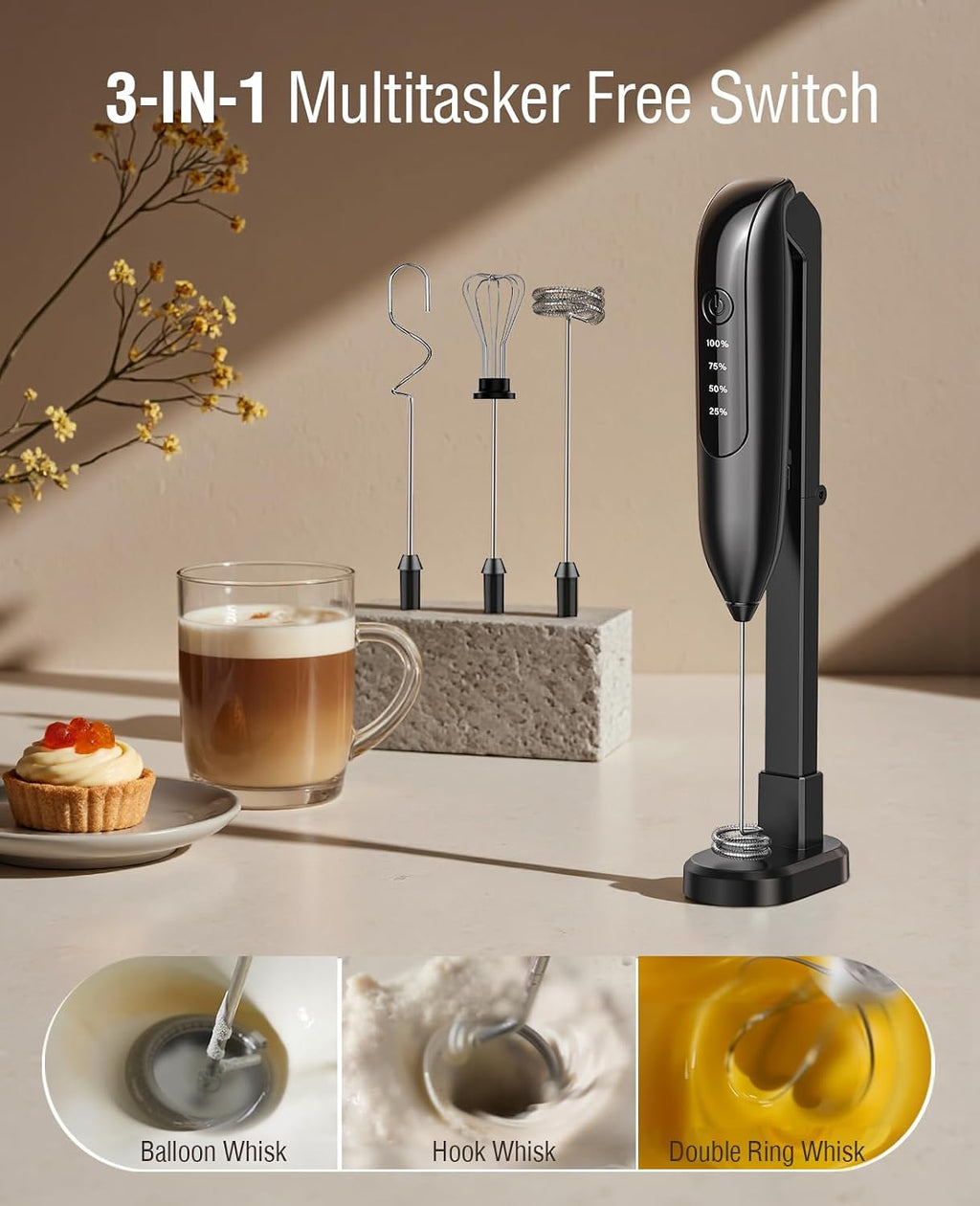Milk Frother Handheld: LED & Wireless Charge, 3 Heads 3 Speeds
