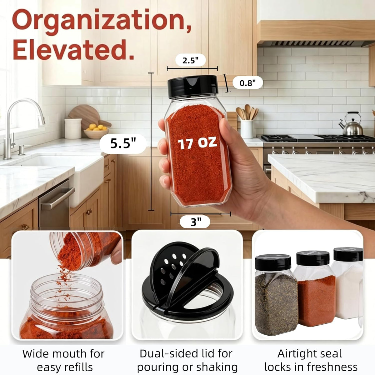 Dicunoy 16 Pack 17 OZ Plastic Spice Containers, Large Seasoning Jars with Shaker Lids, Reusable Empty Storage Bottle for Kitchen Storing Spice, Powders
