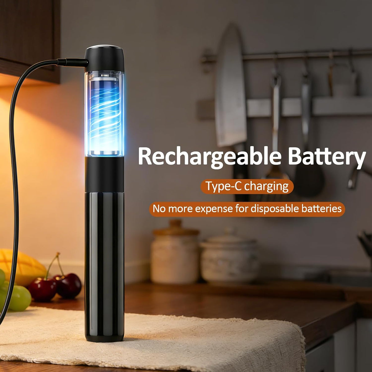Rechargeable Milk Frother Handheld Electric Coffee Drink Mixer Wand with Stainless Steel Whisk and Portable Case for Cappuccino, Latte, Matcha, Hot Chocolate Black