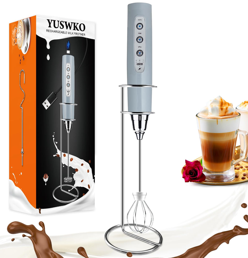 YUSWKO Handheld Milk Frother Wand for Coffee, Rechargeable Electric Whisk