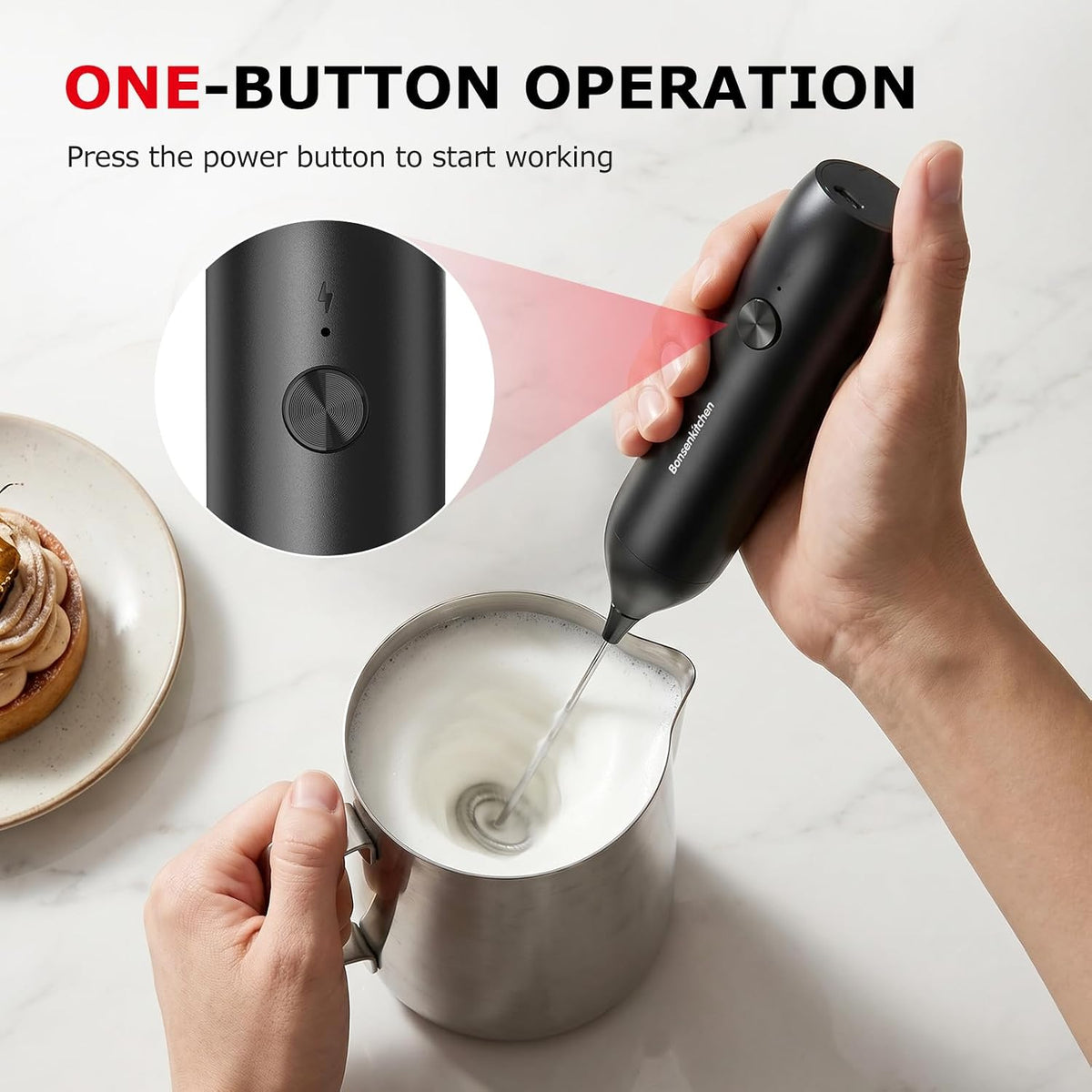 Bonsenkitchen Rechargeable Milk Frother Handheld, Electric Foam Maker with Stainless Steel Whisk,Charging USB-C, Portable Hand Wand Drink Mixer for Coffee Matcha Lattes Cappuccino, Kitchen Gifts