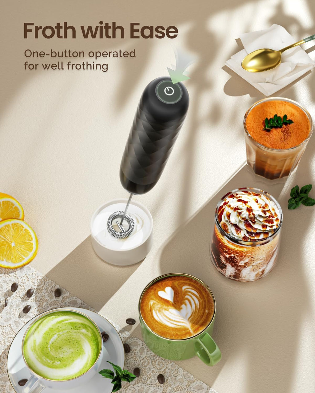 Maestri House Rechargeable Milk Frother, LunaFro Mini with Detachable Wand