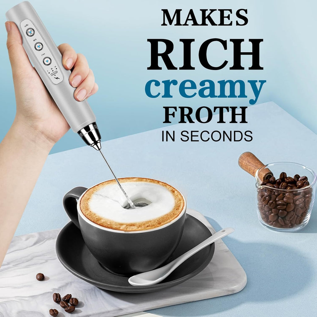 Milk Frother Wand Rechargeable Handheld Whisk Coffee 3 Speed Adjustable