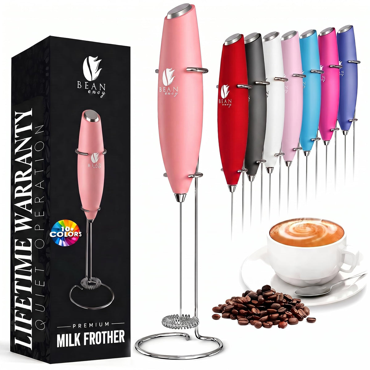 Bean Envy Milk Frother Handheld - Coffee Mixer Wand with Stand - Black