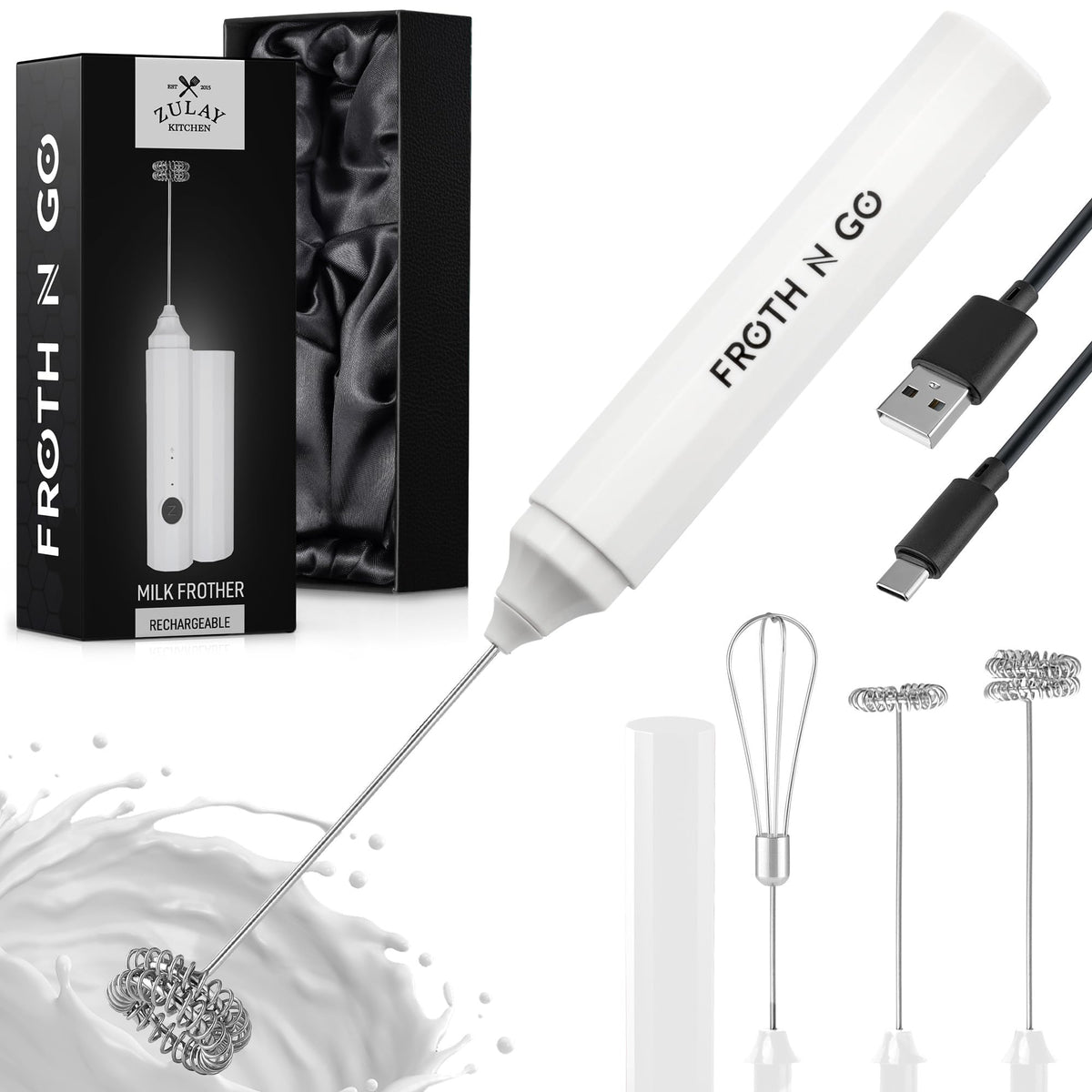 Zulay Rechargeable Milk Frother – 3-in-1 Handheld Frother Wand with Travel Case & USB-C Charger – Single, Double & Egg Whisk for Latte, Cappuccino, Matcha, Protein Shakes - Froth N Go Deep Black