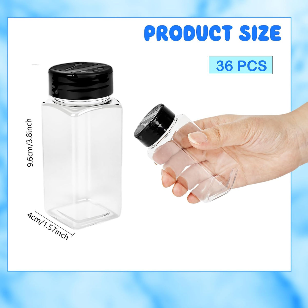 36 Pack 3.5 oz Plastic Spice Jars with Shaker Lids Square Seasoning Containers Clear Empty Storage Spice Bottles for Spice Peppers
