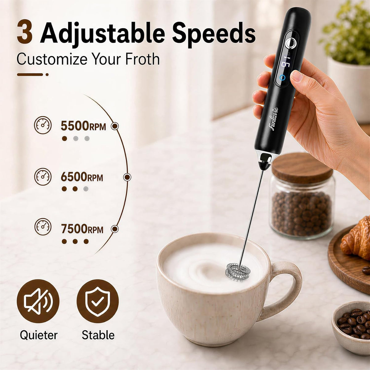 Rechargeable Handheld Milk Frother Wand with 3 Detachable Heads