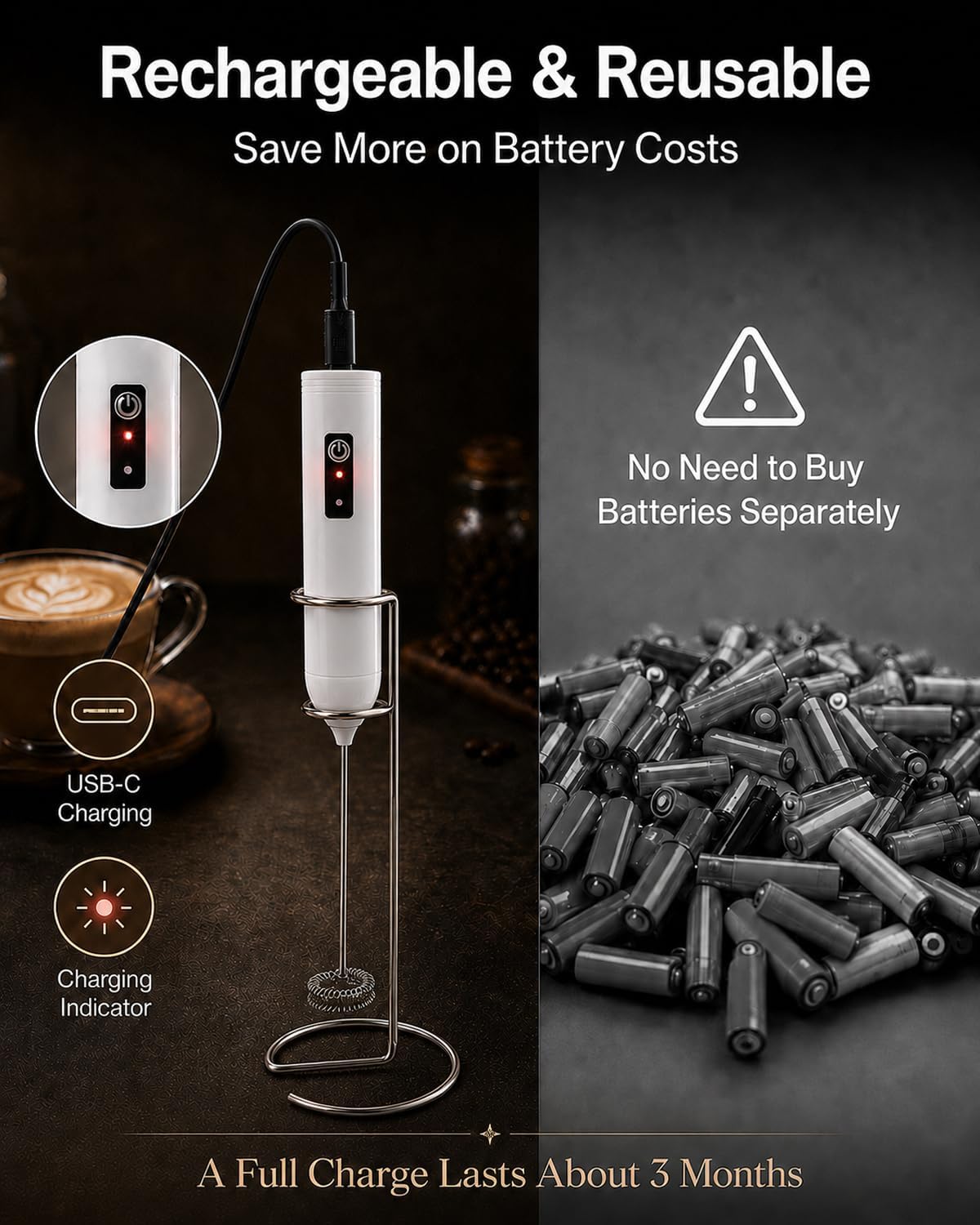 Electric Coffee Frother Handheld, USB Rechargeable Coffee Mixer Wand