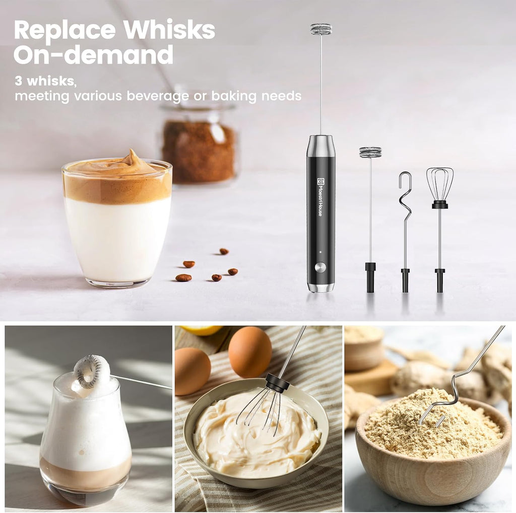 Maestri House Rechargeable Milk Frother,Stand & 3 Detachable Whisks
