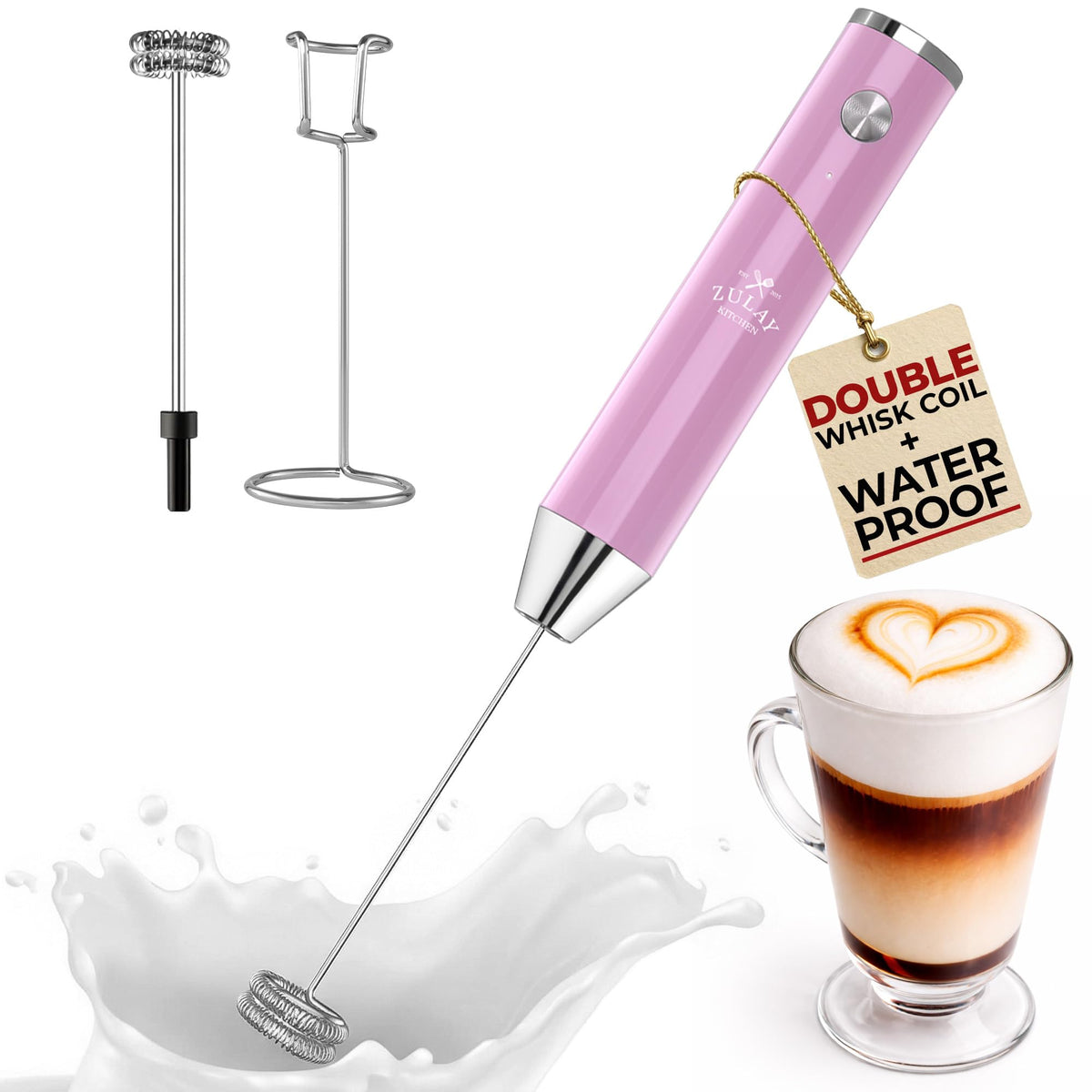 Zulay Kitchen Powerful Milk Frother Wand With Duracell Batteries - Ultra Fast Handheld Drink Mixer - Electric Whisk Foam Maker for Coffee, Lattes, Cappuccino & Matcha - Triple Whisk - Black