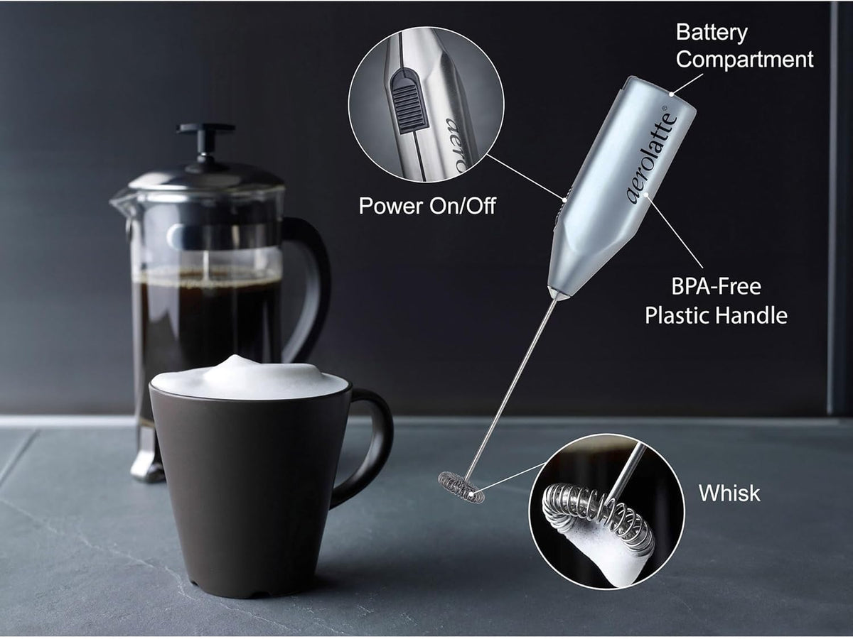 Aerolatte Steam-Free Milk Frother, Satin Finish, 18/8 Stainless Steel Whisk, BPA-Free Plastic Housing, Batteries Included