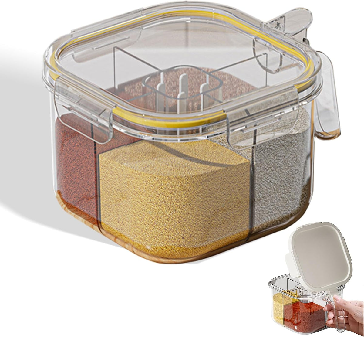 4-Compartment Clear Seasoning Box with Lids and Spoons, Airtight Condiment Organizer, Kitchen Spice Container Set for Salt, Sugar, Pepper (Transparent)