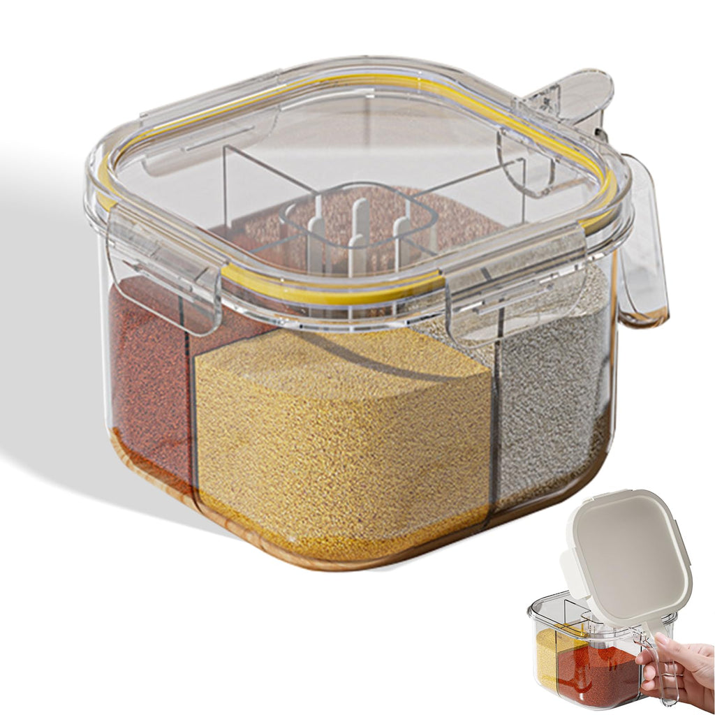 4-Compartment Clear Seasoning Box with Lids and Spoons, Airtight Condiment Organizer, Kitchen Spice Container Set for Salt, Sugar, Pepper (Transparent)