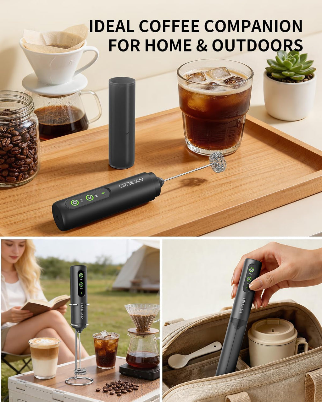 CIRCLE JOY Rechargeable 2-Speed Handheld Milk Frother with Stand, Dual Spring Whisk Electric Foamer, Portable & Detachable Coffee Frother Wand, Drink Mixer for Lattes, Macchiato, Hot Chocolate, Black