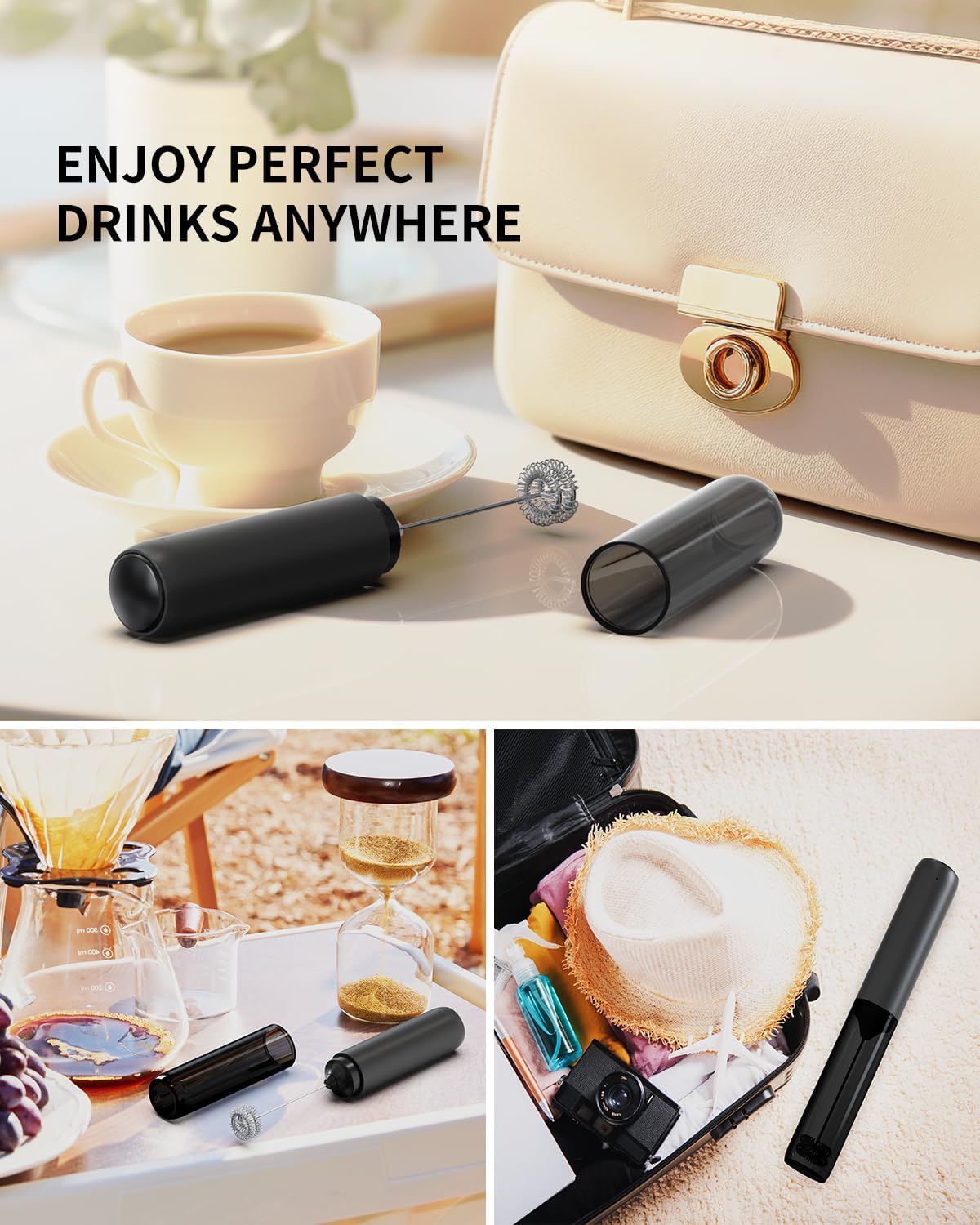 CIRCLE JOY Rechargeable Milk Frother Handheld, Dual Coil Whisk Head Electric Coffee Frother, Portable Hand Frother Wand Drink Mixer for Matcha Lattes Cappuccino, Kitchen Gifts, Black