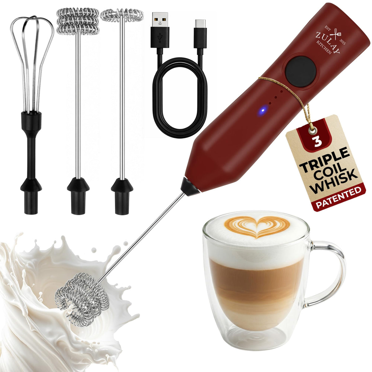 Zulay Kitchen Milk Frother Handheld - Mini Frother Wand, Milk Mixer, Drink Whisk for Coffee, Matcha Essentials & More, Stick Frother for Protein Shakes, Froster Mixer - AA Batteries Included - Black