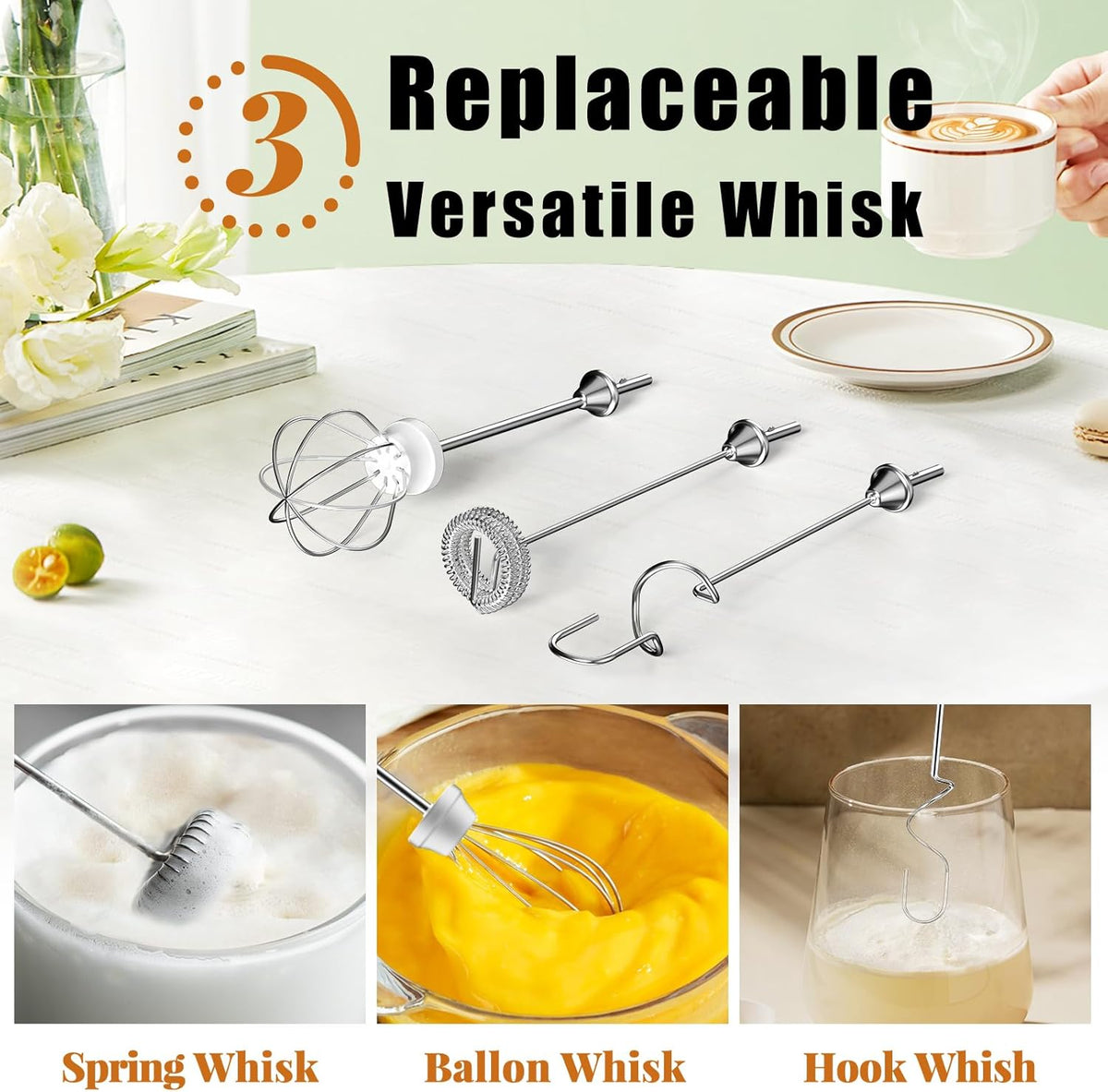 Nahida Black Milk Frother Wand for Coffee, Frother Handheld Rechargeable Electric Whisk Drink Mixer with 3 Heads 3 Speeds Coffee Frother Electric Stirrer For Latte, Cappuccino, Hot Chocolate