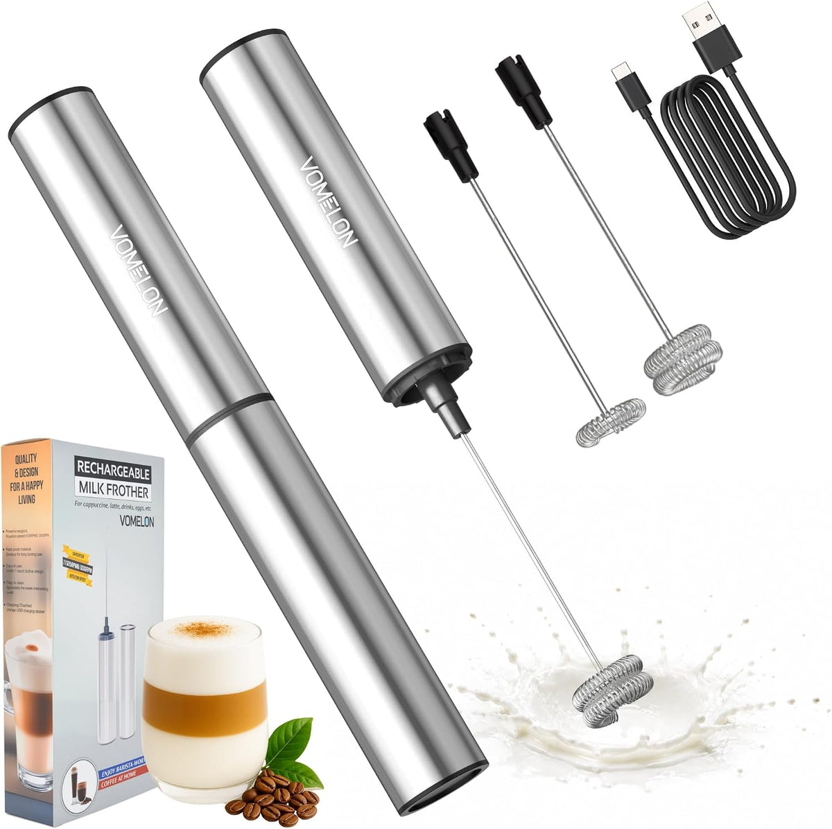 Rechargeable Milk Frother Battery Operated,2-Speed Portable Travel Frother,Electric Milk Foamer Coffee Frother for Latte, Cappuccino, Hot Chocolate Drink Mixer with Double Mini Whisks and USB Cable
