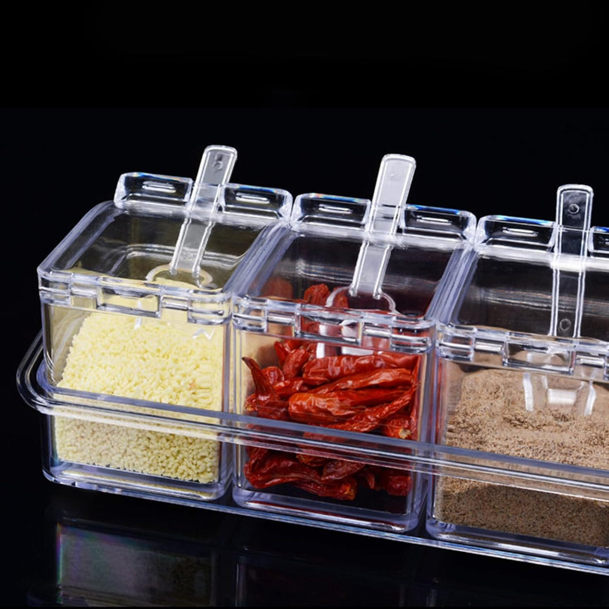 4-Cell Clear Seasoning Rack Spice Box Storage Container Condiment Jars Acrylic Seasoning Box with Cover and Spoon