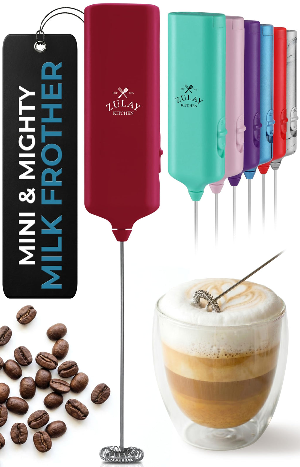 Zulay Rechargeable Milk Frother – 3-in-1 Handheld Frother Wand with Travel Case & USB-C Charger – Single, Double & Egg Whisk for Latte, Cappuccino, Matcha, Protein Shakes - Froth N Go Deep Black