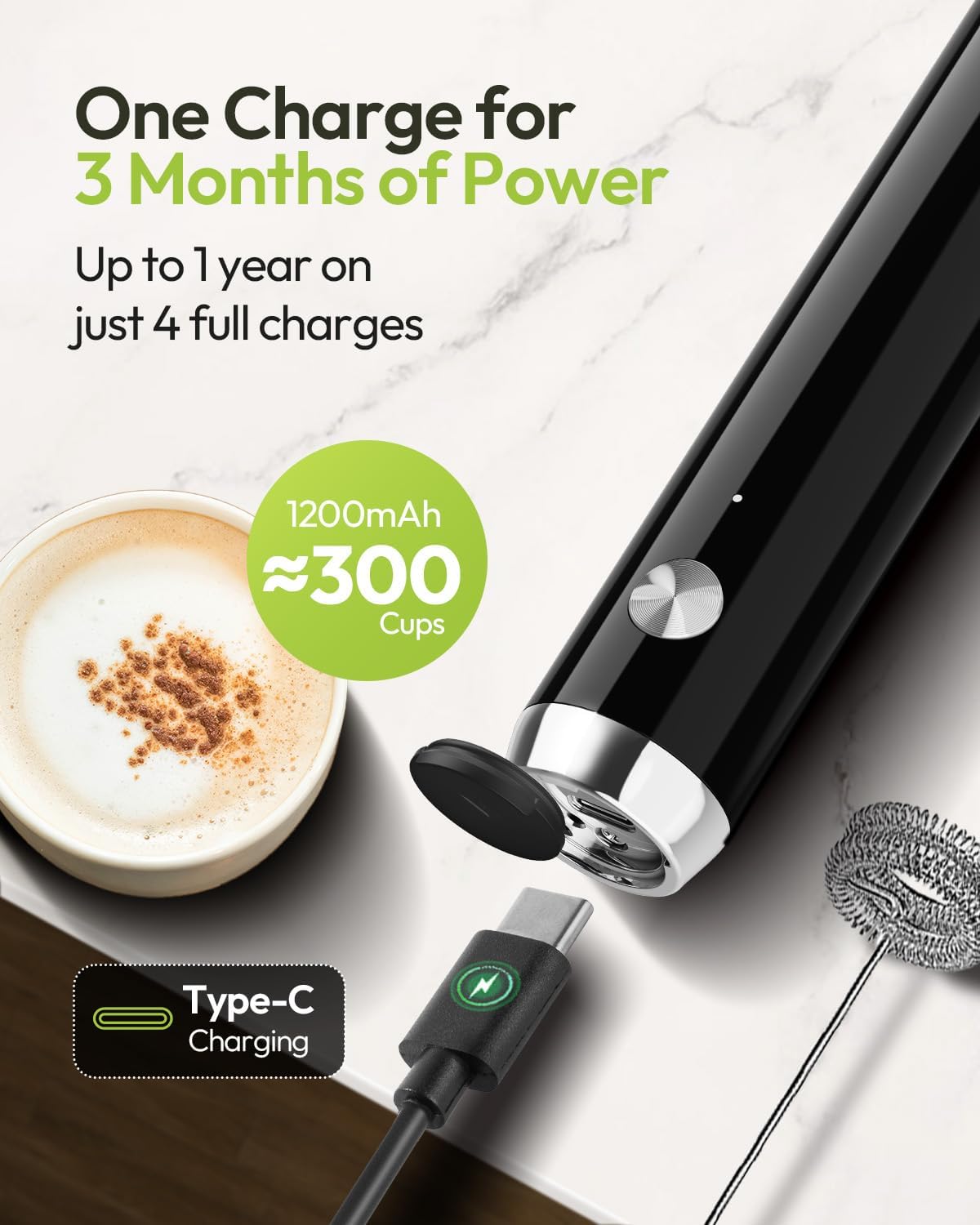 Maestri House LunaFro Rechargeable Milk Frother, Stand & 2 Detachable Whisk
