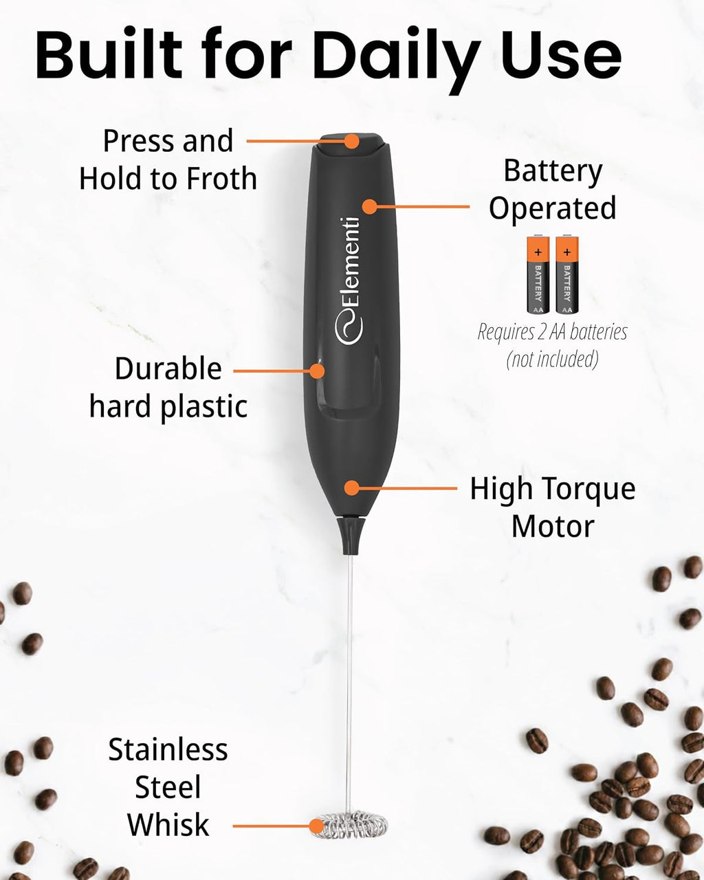 Elementi Frother Wand – Powerful Milk Frother & Coffee Stirrers Electric, Matcha Whisk for Dreamy Lattes, Powerful Coffee Mixer Wand & Blender Stirrer - Make Creamy Cappuccinos at Home (Black)