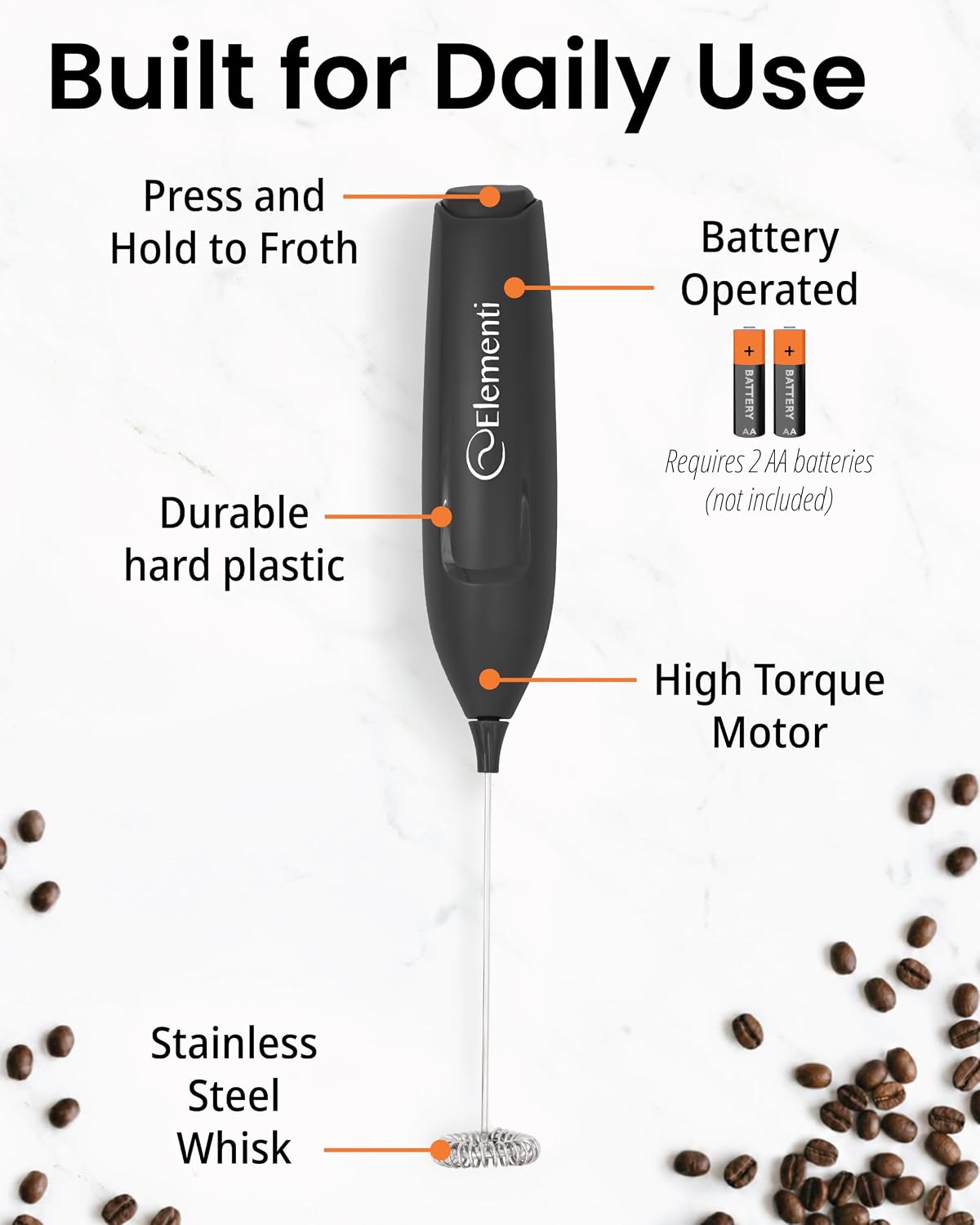 Elementi Frother Wand – Powerful Milk Frother & Coffee Stirrers Electric, Matcha Whisk for Dreamy Lattes, Powerful Coffee Mixer Wand & Blender Stirrer - Make Creamy Cappuccinos at Home (Black)