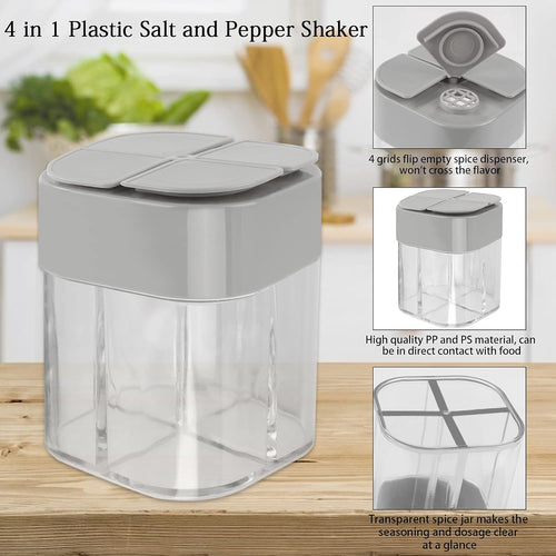 4 Pack 4 in 1 Plastic Salt and Pepper Shaker, 4 Grids Flip Empty Spice Dispensers Travel Spice Container Compartment Seasoning Shakers with Lid Travel Spice Jars with Labels for Cooking BBQ