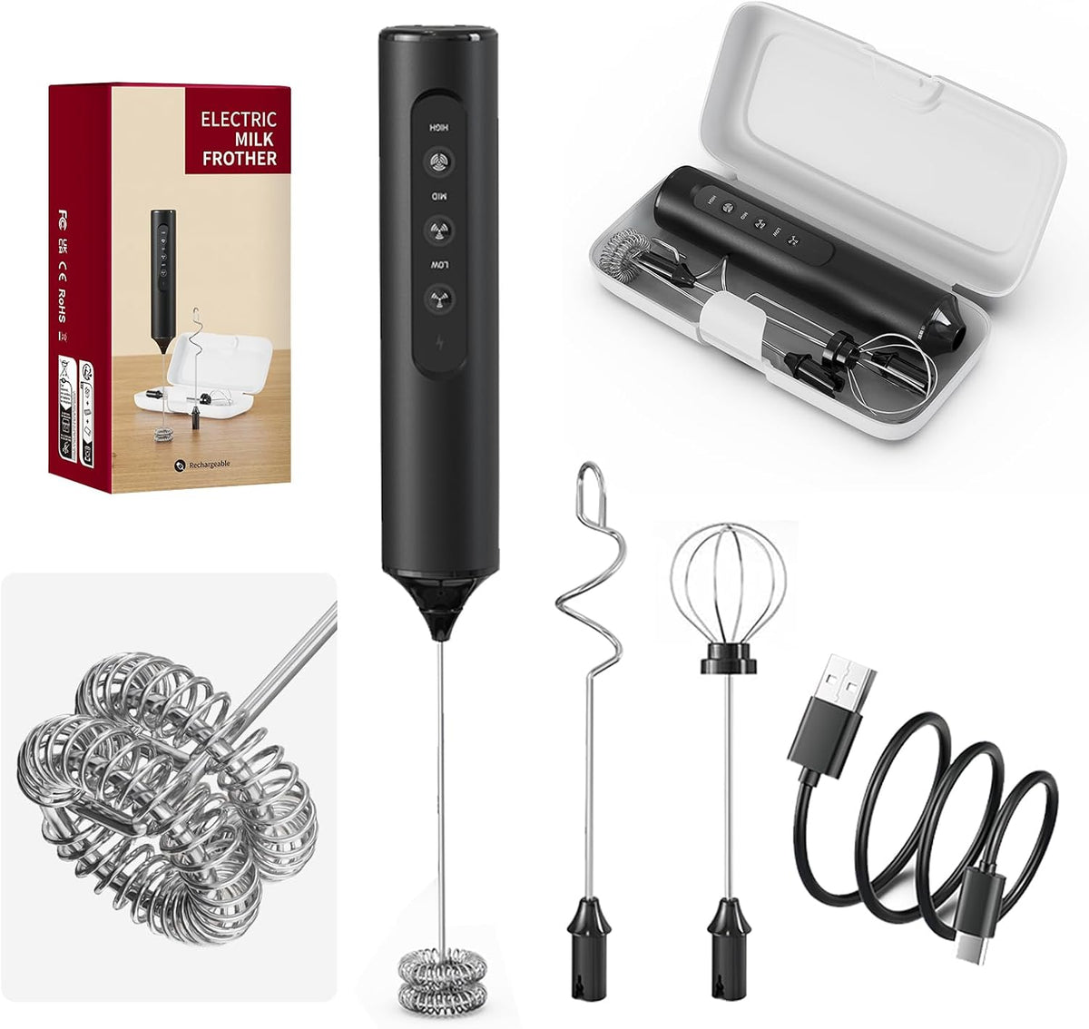 Electric Milk Frother, Handheld Rechargeable Frother with 3 Speed Settings and Storage Case (Black)