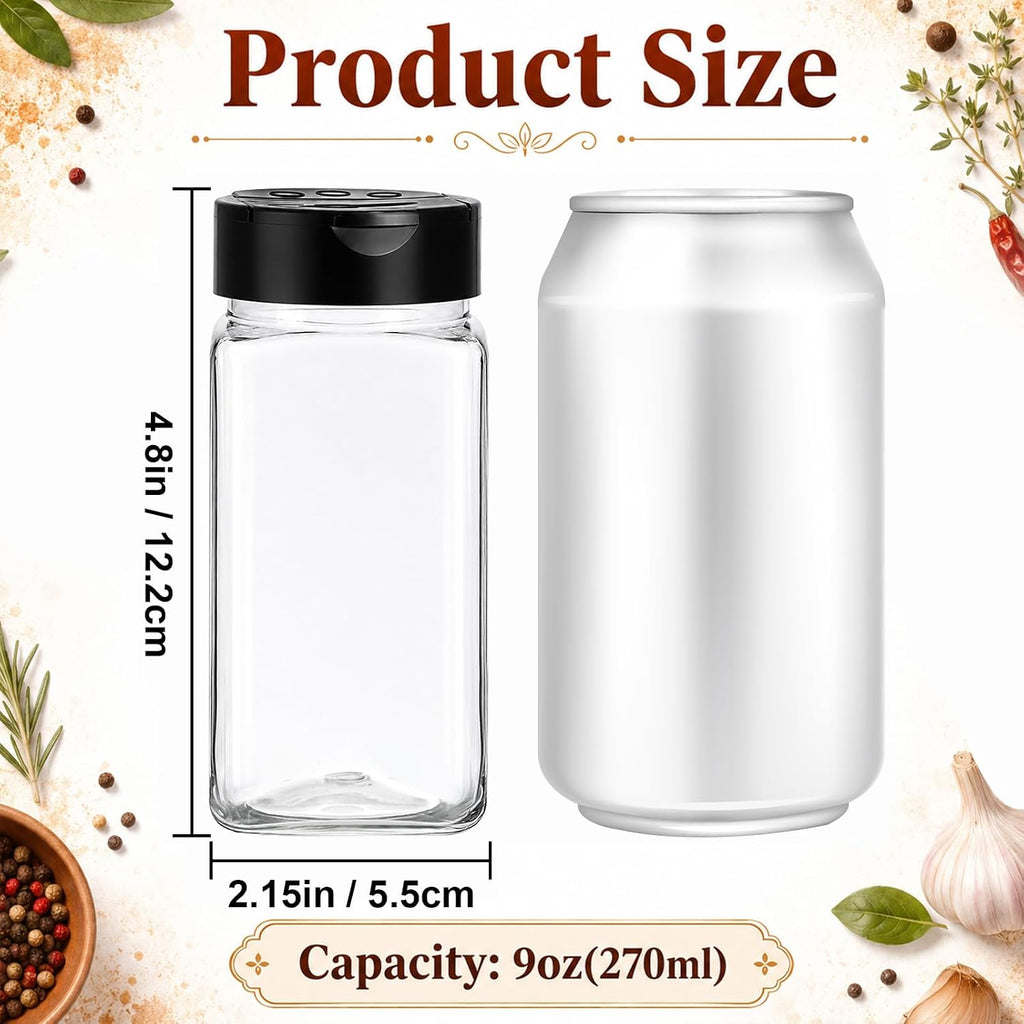 Bekith 16 Pack 9 oz Plastic Spice Jars with Black Cap, Plastic Spice Bottles Empty Seasoning Containers for Storing Spice, Herbs and Powders