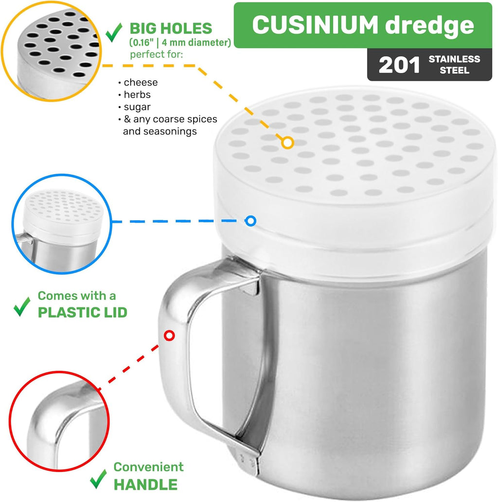CUSINIUM [Set of 3] 10oz Stainless Steel Dredges With Handle - Fine Mesh + Medium Holes + Large Holes (For Coarse Seasonings)