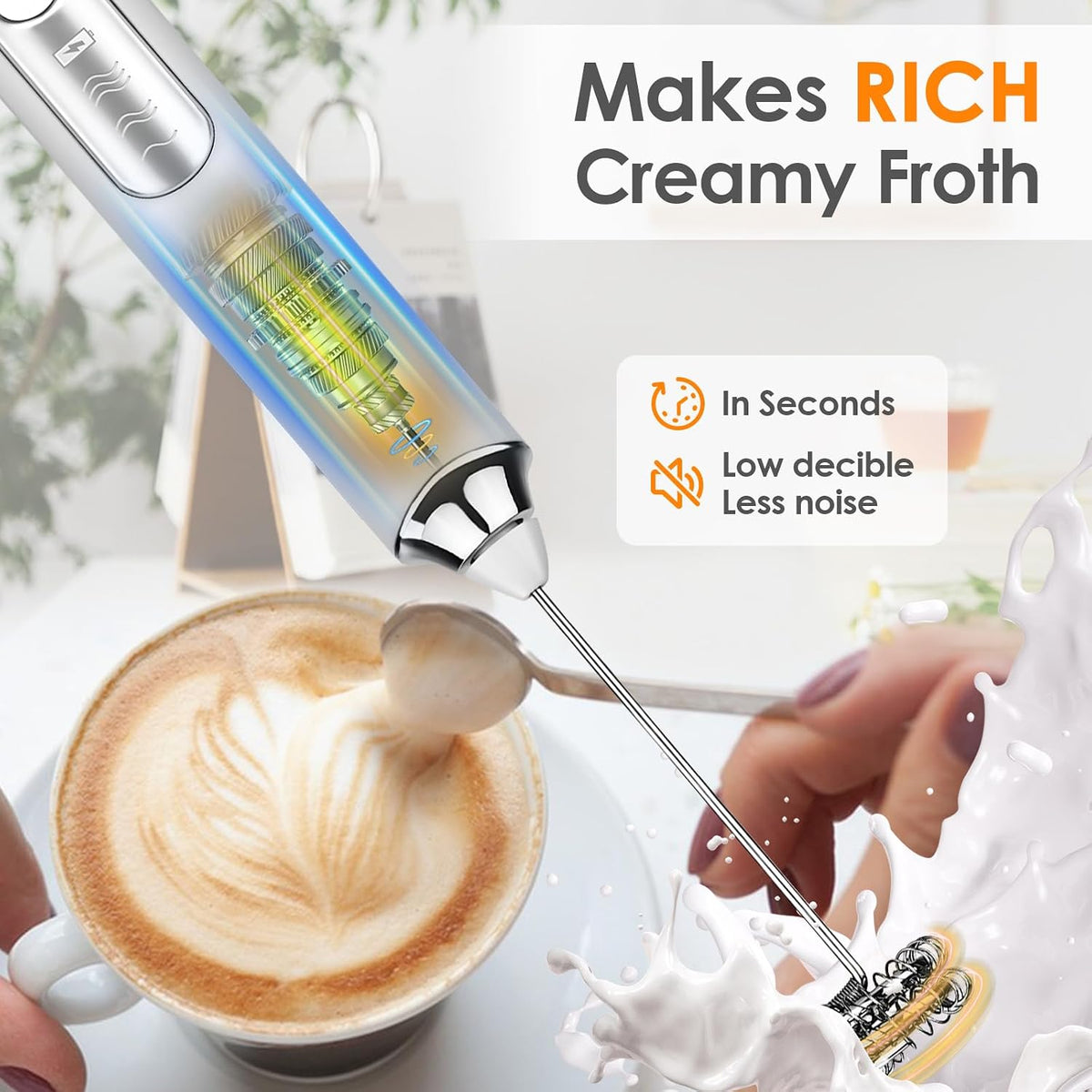 Milk Frother Handheld, Rechargeable Coffee Frother Wand, Drink Mixer, White