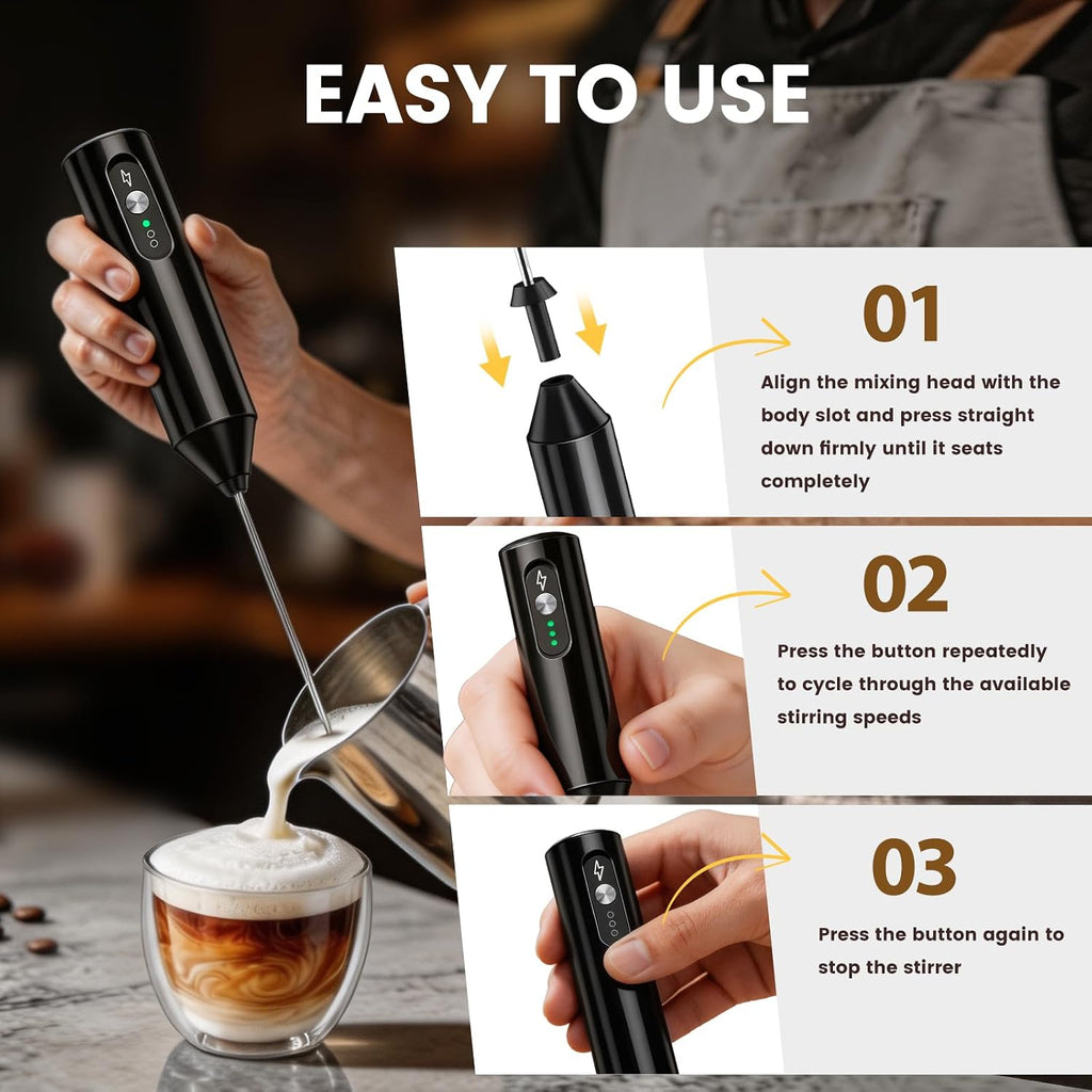 Boben Rechargeable Handheld Milk Frother 3-Speed, 3-Whisk, Storage Box