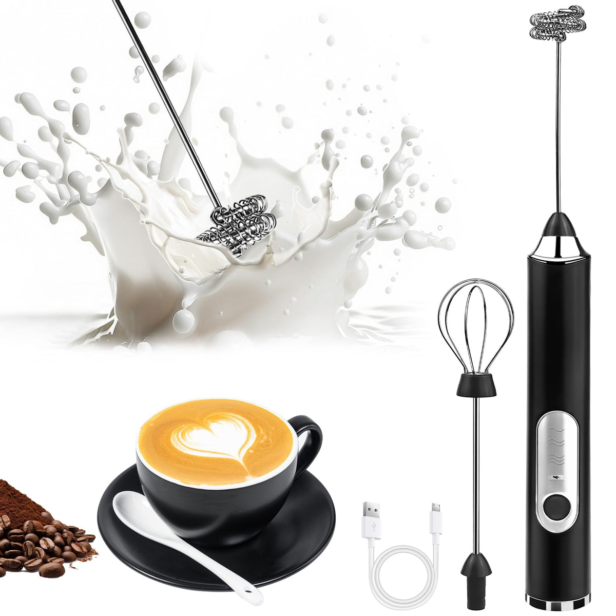 Milk Frother Handheld, Rechargeable Coffee Frother Wand, Drink Mixer, White