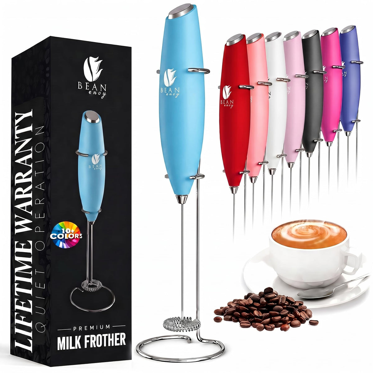 Bean Envy Milk Frother Handheld - Coffee Mixer Wand with Stand - Black