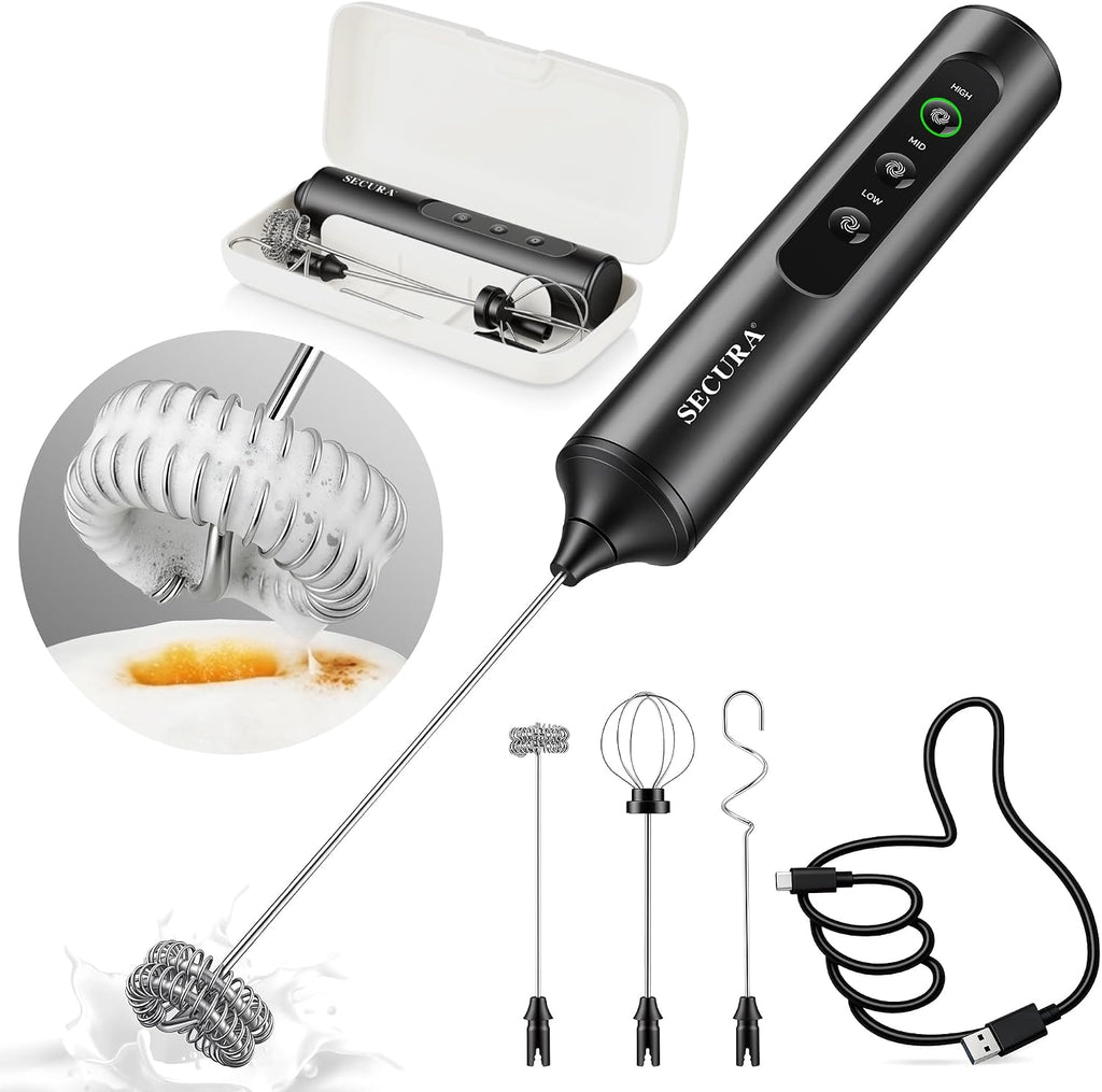 Secura Rechargeable Handheld Milk Frother with 3 Speeds, 3 Whisks and Case