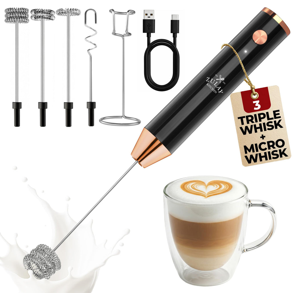 Zulay Kitchen Powerful Milk Frother Wand With Duracell Batteries - Ultra Fast Handheld Drink Mixer - Electric Whisk Foam Maker for Coffee, Lattes, Cappuccino & Matcha - Triple Whisk - Black