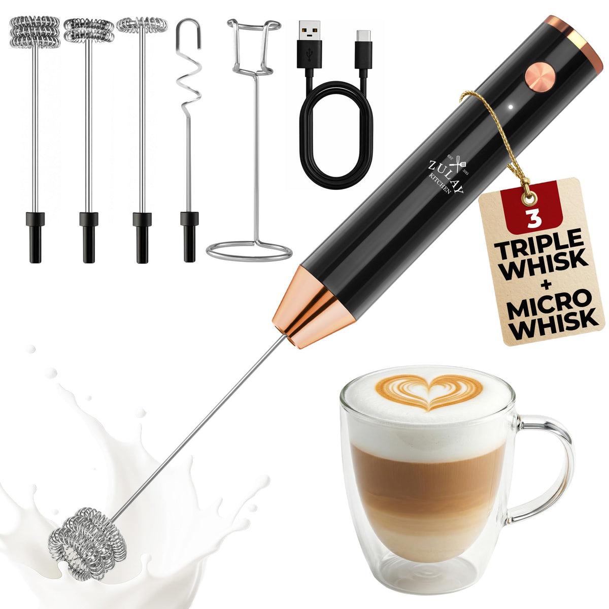 Zulay Kitchen Milk Frother Handheld Electric Whisk – Frother Wand, Durable Drink Mixer, Coffee Frother, Hand Blender, Frother for Protein Powder, Matcha & More - Black
