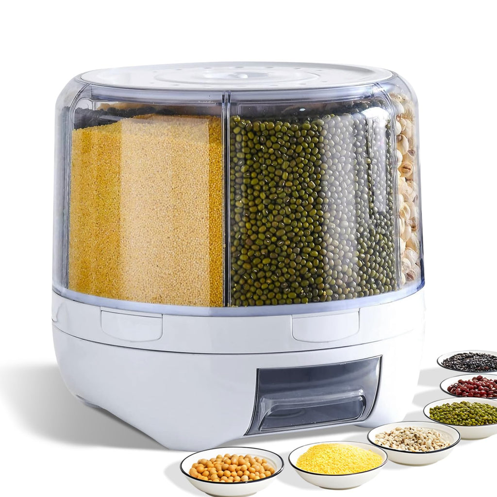 Grain Dispenser, 360° Rotating Grain Storage, 6 Grid Food Dispenser