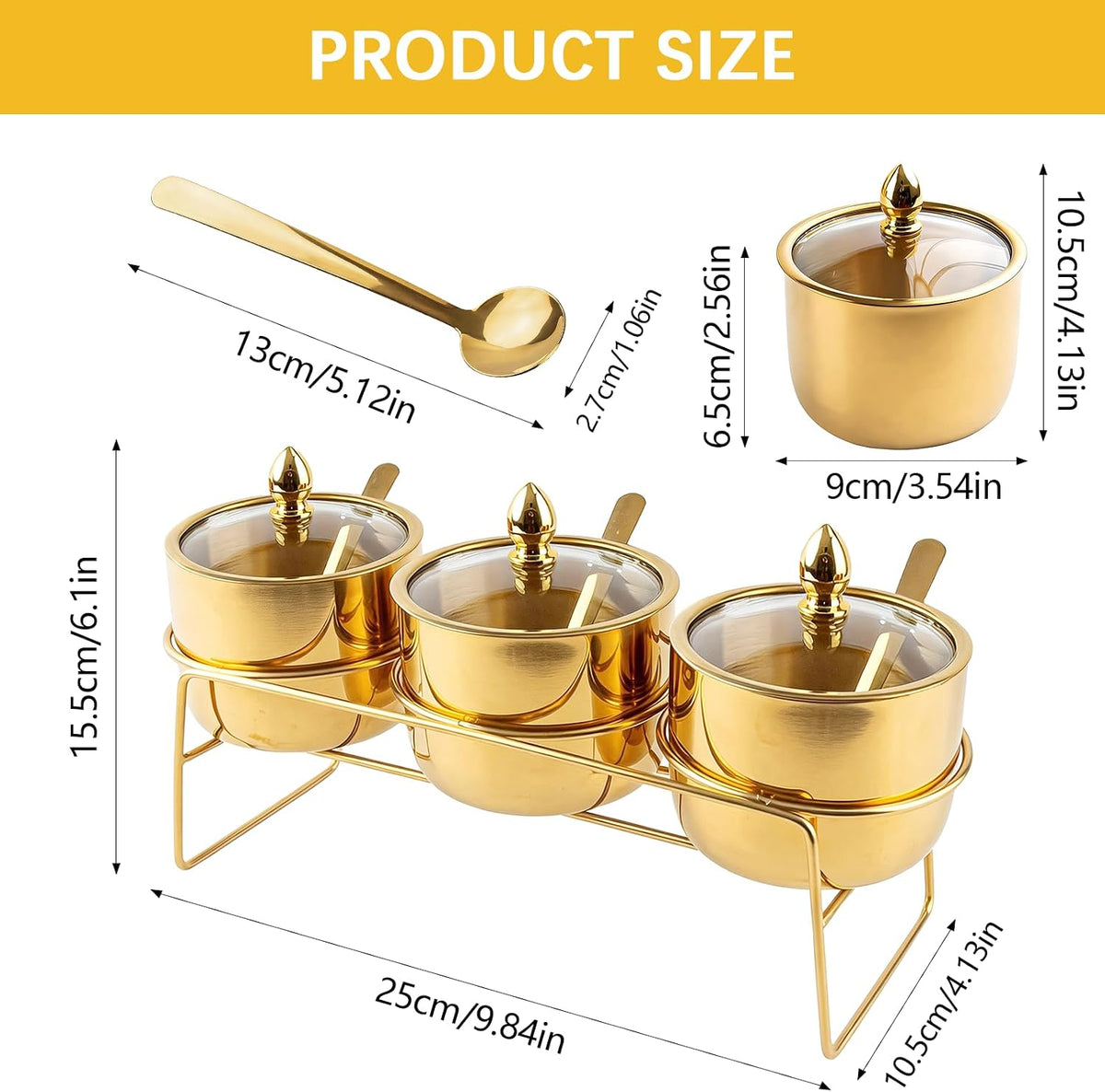 3 Pcs Gold Coffee and Sugar Dispenser with Storage Rack - Stainless Steel Gold Sugar Container Condiment Dispenser with Glass Lid and Spoon for Home Kitchen for Salt, Coffee Bean