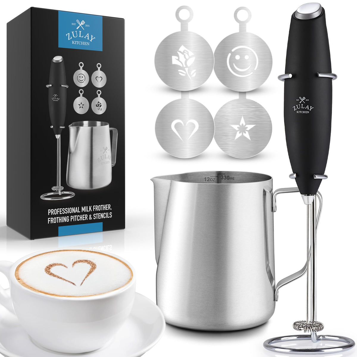 Zulay Rechargeable Milk Frother – 3-in-1 Handheld Frother Wand with Travel Case & USB-C Charger – Single, Double & Egg Whisk for Latte, Cappuccino, Matcha, Protein Shakes - Froth N Go Deep Black