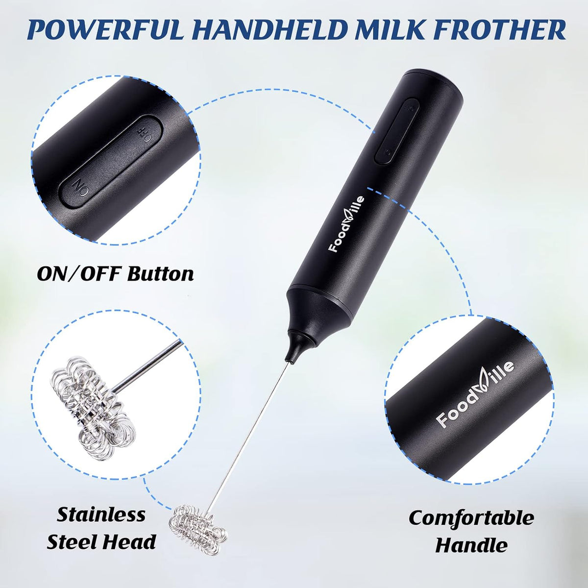 FoodVille MF05 Rechargeable Milk Frother USB Charging Handheld Foam Maker with Stainless Balloon Whisk for Cappuccino, Latte, Bulletproof Coffee, Keto Diet, Protein Powder, Matcha (Black)
