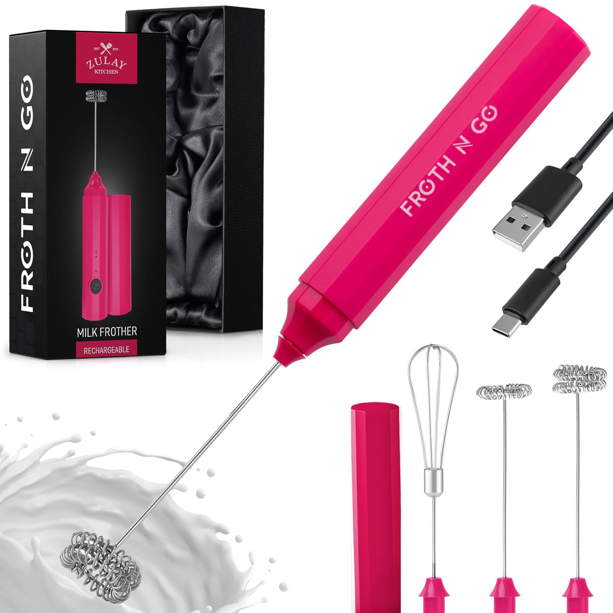 Zulay Rechargeable Milk Frother – 3-in-1 Handheld Frother Wand with Travel Case & USB-C Charger – Single, Double & Egg Whisk for Latte, Cappuccino, Matcha, Protein Shakes - Froth N Go Deep Black