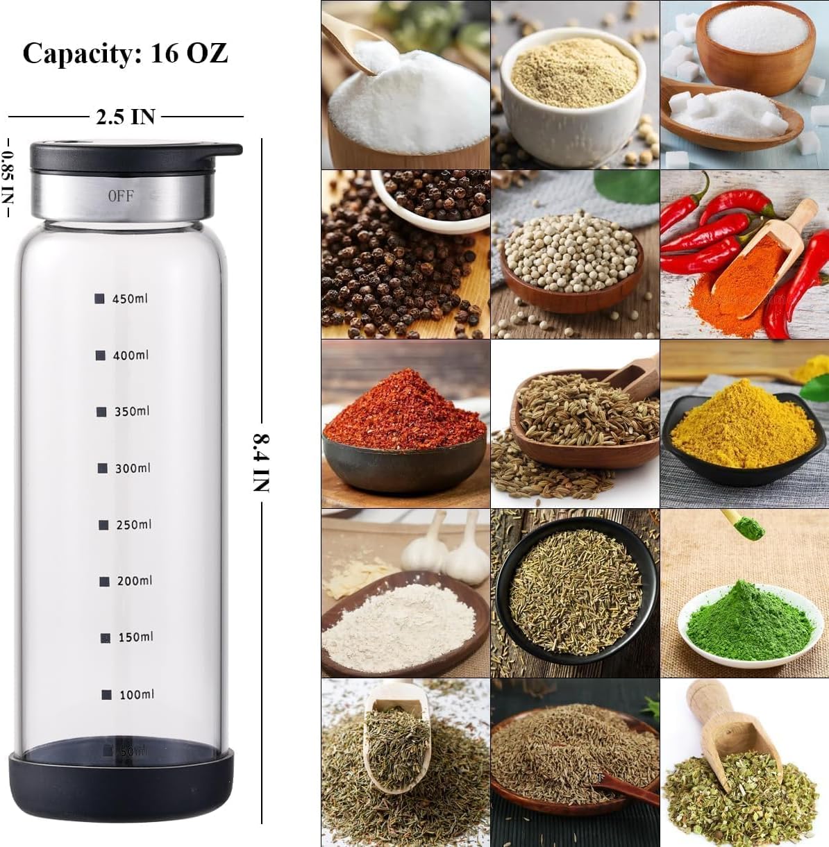 16 oz Salt & Pepper Shaker, 4 Settings, S/M/Pour/OFF, Adjustable Rotary Lid