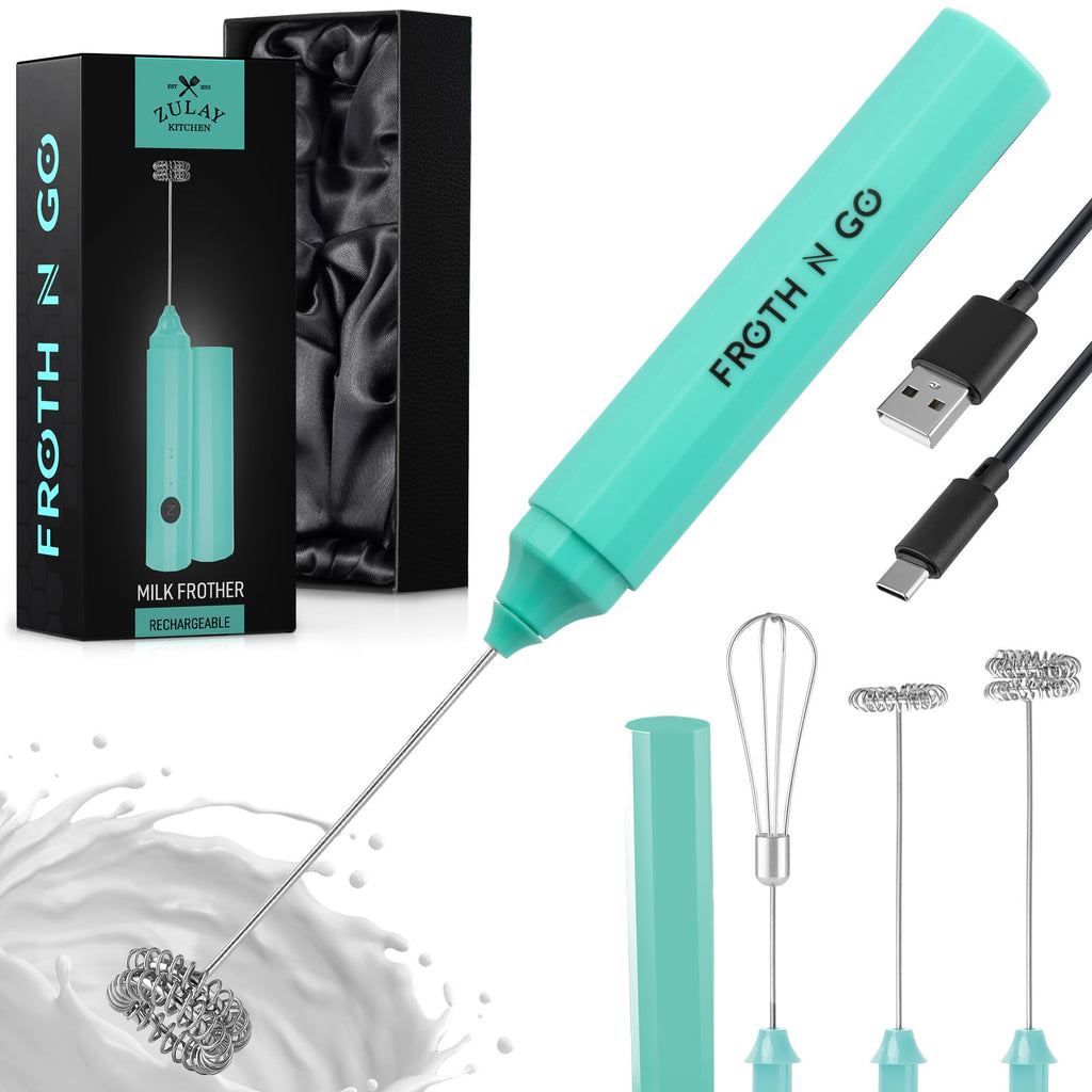 Zulay Rechargeable Milk Frother – 3-in-1 Handheld Frother Wand with Travel Case & USB-C Charger – Single, Double & Egg Whisk for Latte, Cappuccino, Matcha, Protein Shakes - Froth N Go Deep Black