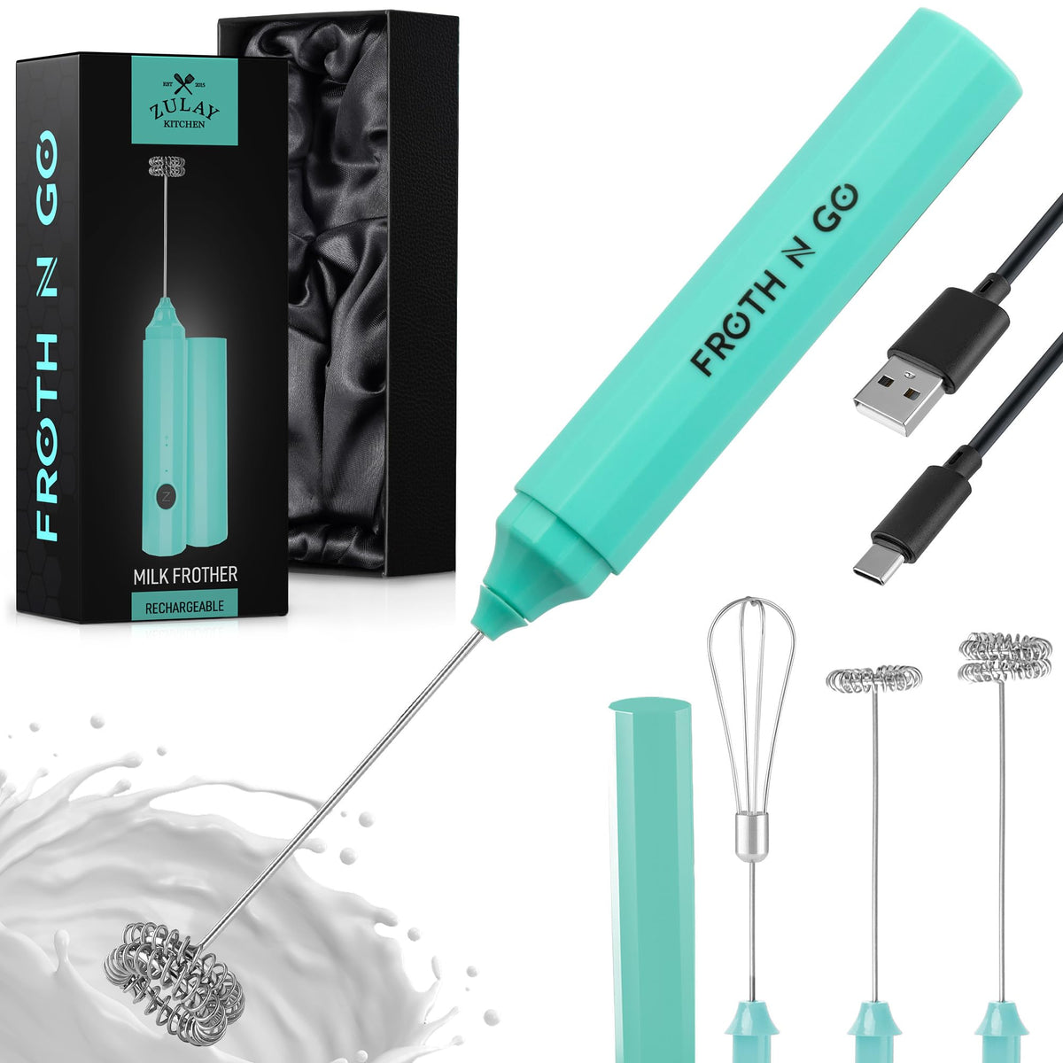 Zulay Rechargeable Milk Frother – 3-in-1 Handheld Frother Wand with Travel Case & USB-C Charger – Single, Double & Egg Whisk for Latte, Cappuccino, Matcha, Protein Shakes - Froth N Go Deep Black