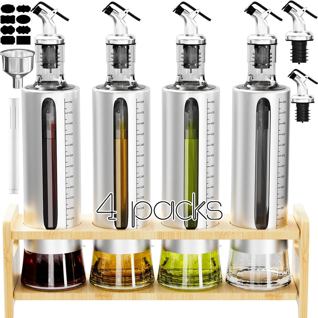 SINYWAY Oil Dispenser Bottle, 4 Pack Glass Olive Oil Dispenser Bottle with Shelf, 17oz/500 ml Oil and Vinegar Dispenser Set Wrapped in Stainless Steel Shell with Pourers, Funnel & Pen and Tags