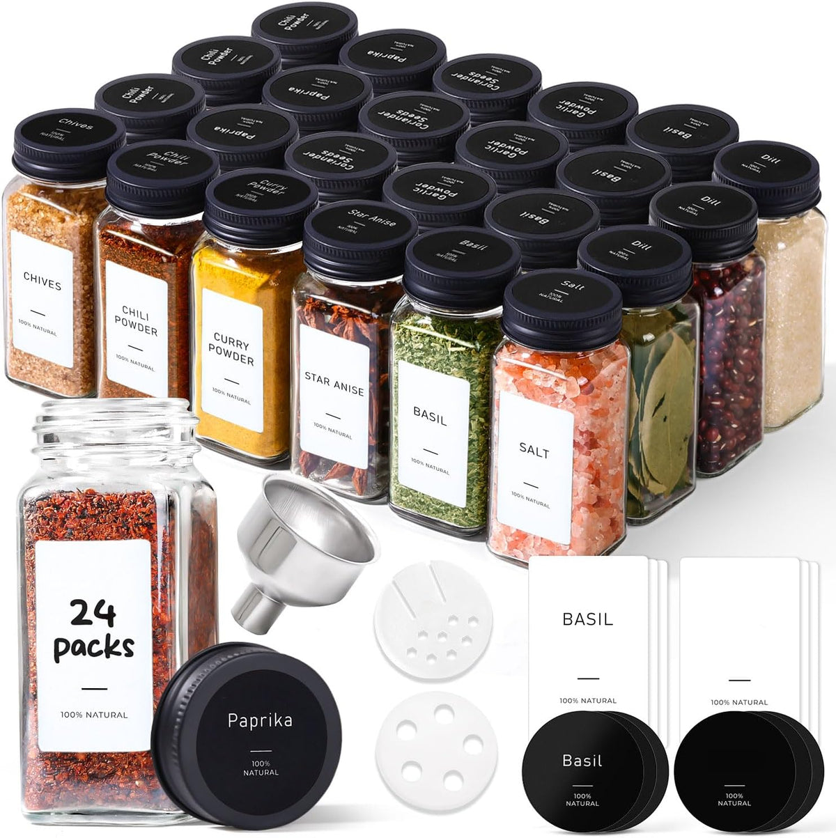 ComSaf Glass Spice Jars with with Labels 4 oz 24 Pack Small Square Bulk Set